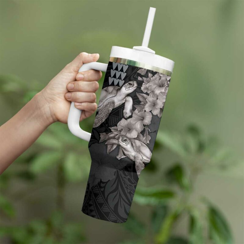 Hawaiian Turtle Love Sweet Hibiscus and Kakau Grayscale Color Custom Stanley Quencher 40oz Stainless Steel Tumbler With Handle - Threewoofs - Image 3