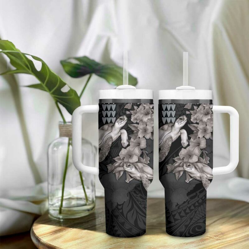 Hawaiian Turtle Love Sweet Hibiscus and Kakau Grayscale Color Custom Stanley Quencher 40oz Stainless Steel Tumbler With Handle - Threewoofs - Image 9