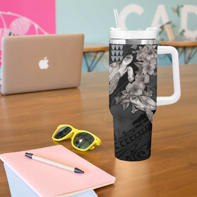 Hawaiian Turtle Love Sweet Hibiscus and Kakau Grayscale Color Custom Stanley Quencher 40oz Stainless Steel Tumbler With Handle - Threewoofs - Image 5
