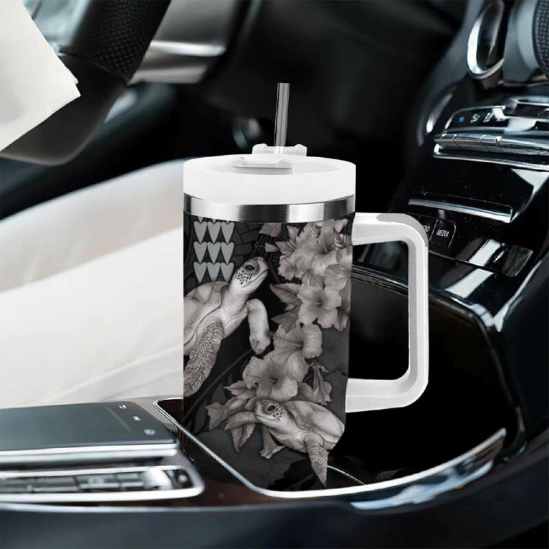 Hawaiian Turtle Love Sweet Hibiscus and Kakau Grayscale Color Custom Stanley Quencher 40oz Stainless Steel Tumbler With Handle - Threewoofs - Image 8