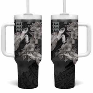 Hawaiian Turtle Love Sweet Hibiscus and Kakau Grayscale Color Custom Stanley Quencher 40oz Stainless Steel Tumbler With Handle - Threewoofs