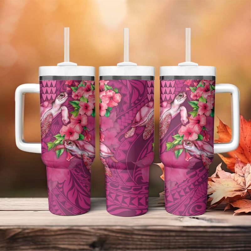 Hawaiian Turtle Love Sweet Hibiscus and Kakau Rose Color Custom Stanley Quencher 40oz Stainless Steel Tumbler With Handle - Threewoofs - Image 4