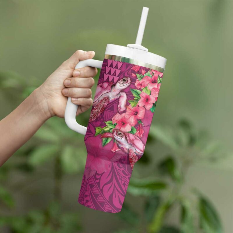 Hawaiian Turtle Love Sweet Hibiscus and Kakau Rose Color Custom Stanley Quencher 40oz Stainless Steel Tumbler With Handle - Threewoofs - Image 3