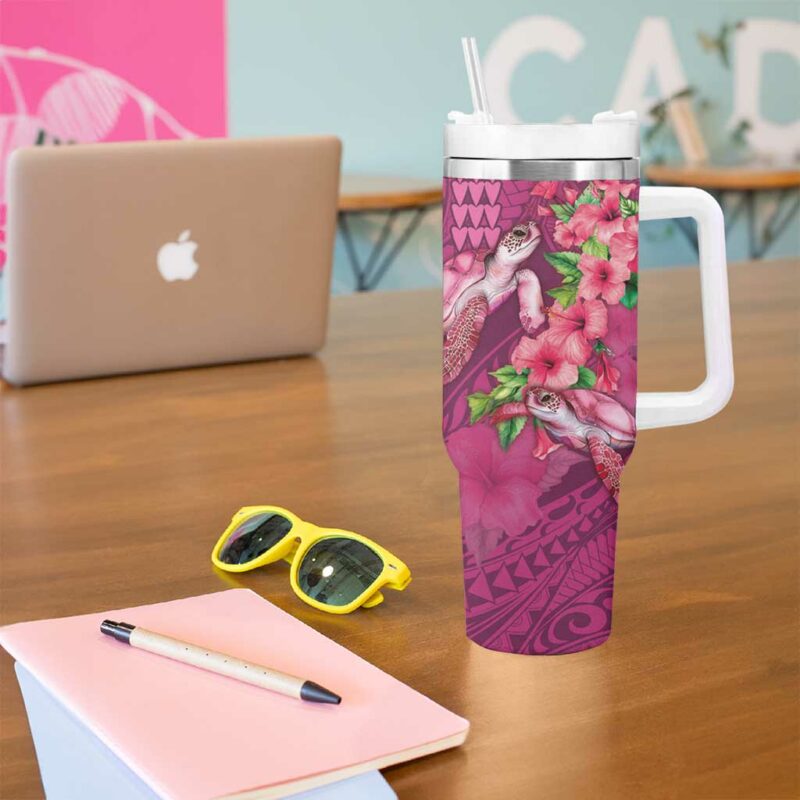 Hawaiian Turtle Love Sweet Hibiscus and Kakau Rose Color Custom Stanley Quencher 40oz Stainless Steel Tumbler With Handle - Threewoofs - Image 5