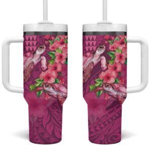 Hawaiian Turtle Love Sweet Hibiscus and Kakau Rose Color Custom Stanley Quencher 40oz Stainless Steel Tumbler With Handle - Threewoofs