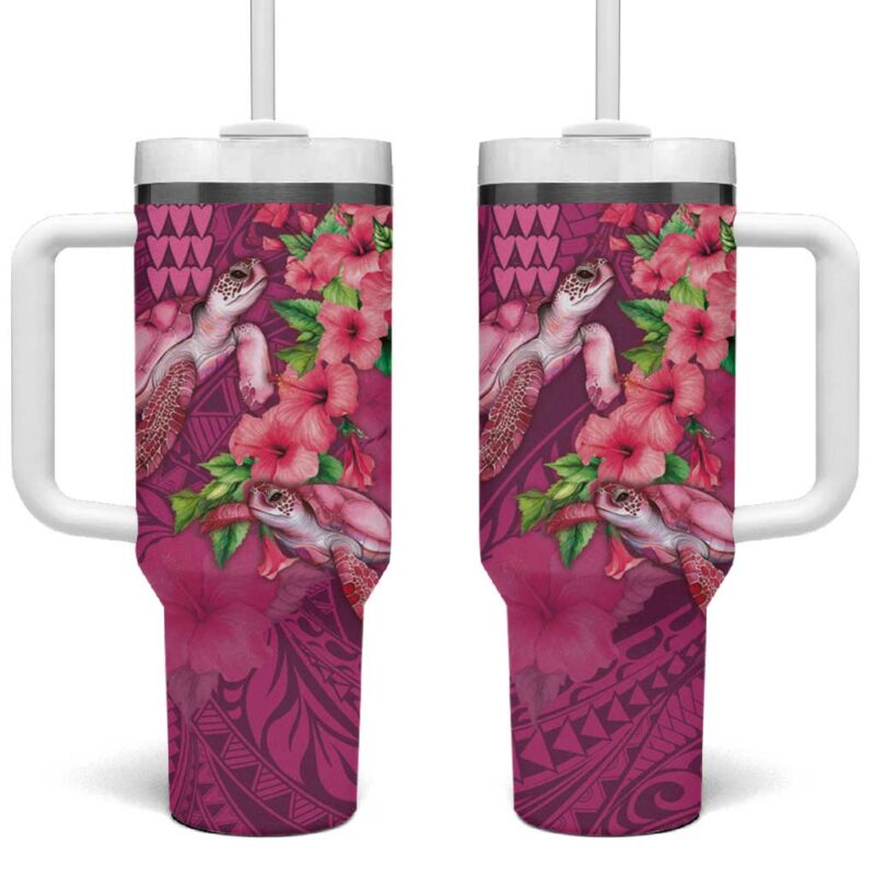 Hawaiian Turtle Love Sweet Hibiscus and Kakau Rose Color Custom Stanley Quencher 40oz Stainless Steel Tumbler With Handle - Threewoofs