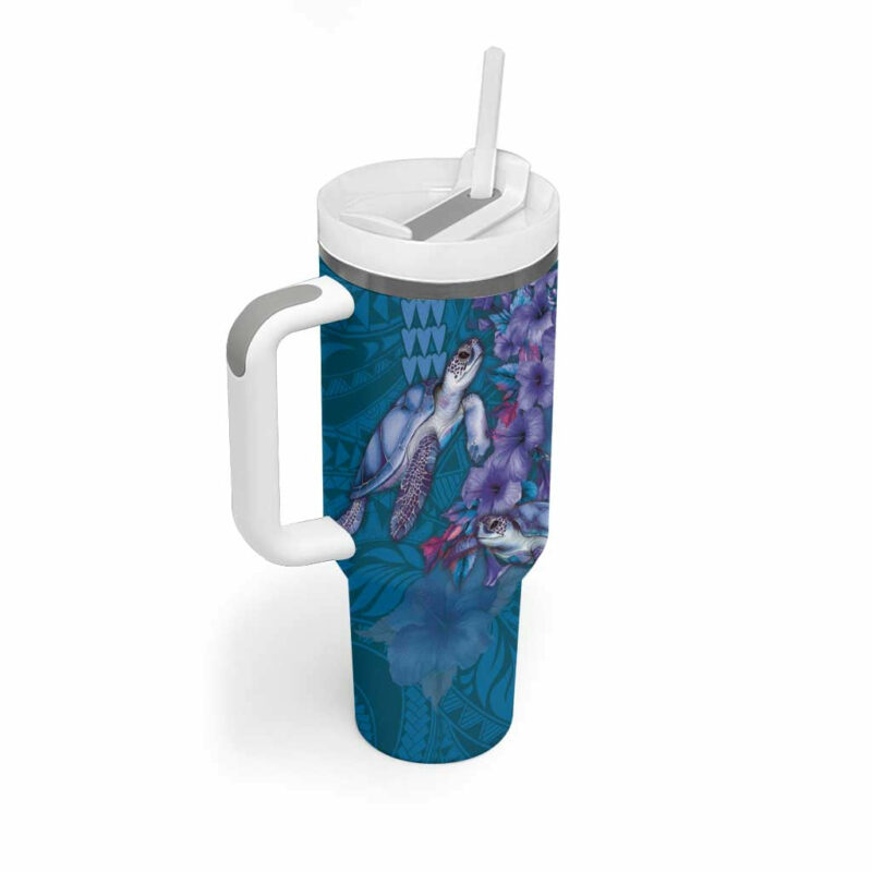 Hawaiian Turtle Love Sweet Hibiscus and Kakau Sapphire Color Custom Stanley Quencher 40oz Stainless Steel Tumbler With Handle - Threewoofs - Image 2