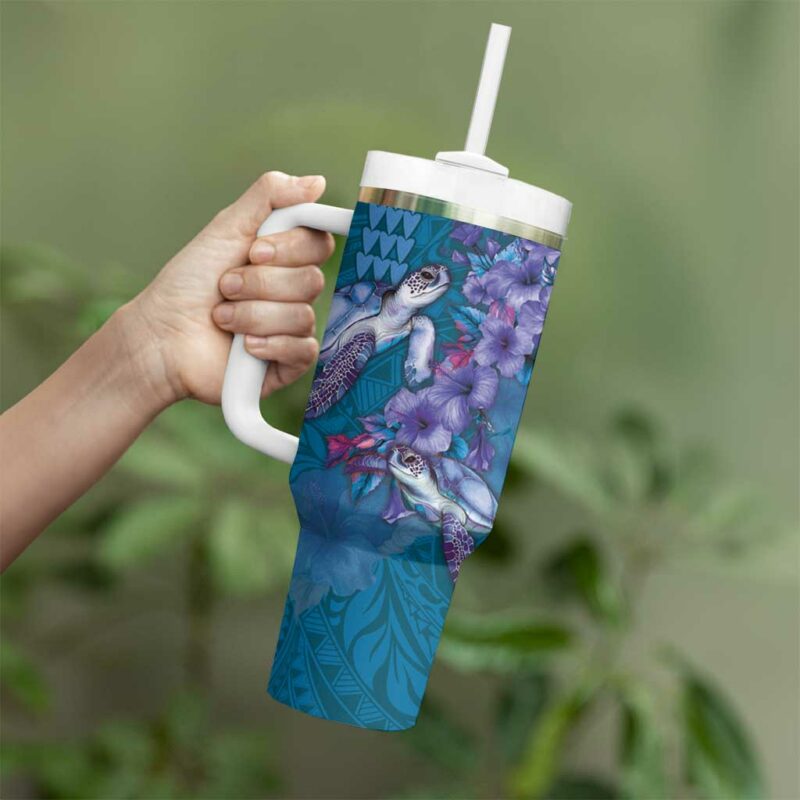 Hawaiian Turtle Love Sweet Hibiscus and Kakau Sapphire Color Custom Stanley Quencher 40oz Stainless Steel Tumbler With Handle - Threewoofs - Image 3