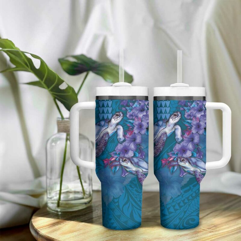 Hawaiian Turtle Love Sweet Hibiscus and Kakau Sapphire Color Custom Stanley Quencher 40oz Stainless Steel Tumbler With Handle - Threewoofs - Image 9