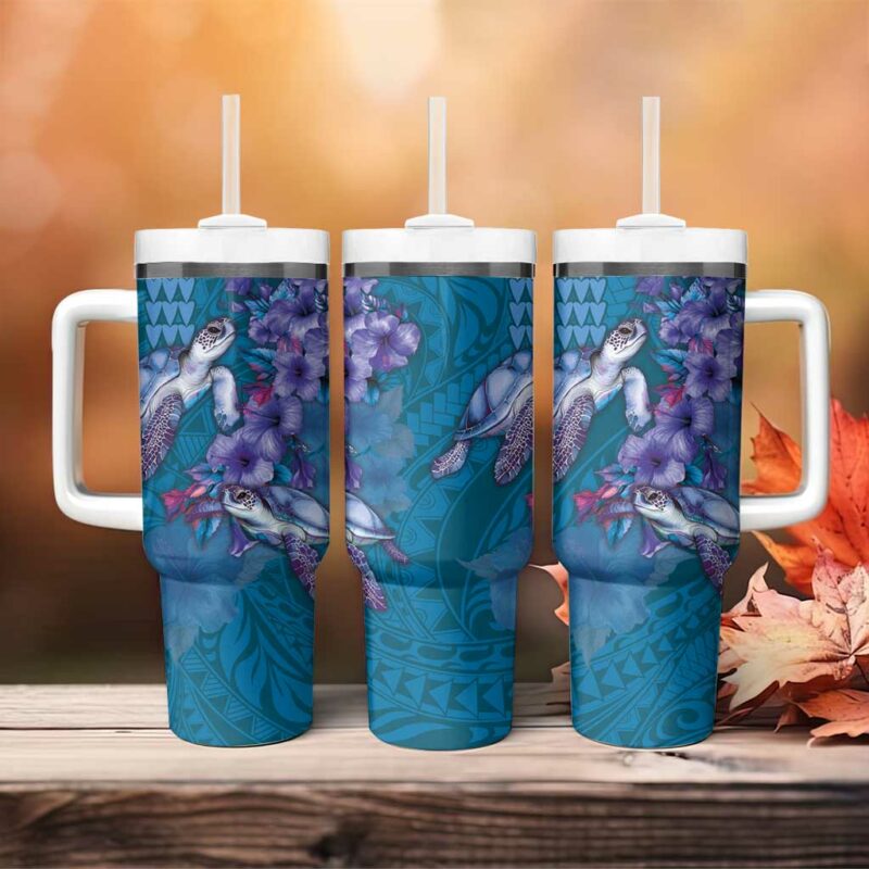 Hawaiian Turtle Love Sweet Hibiscus and Kakau Sapphire Color Custom Stanley Quencher 40oz Stainless Steel Tumbler With Handle - Threewoofs - Image 4