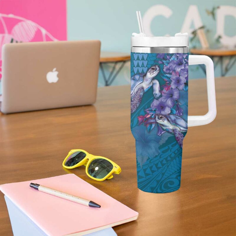 Hawaiian Turtle Love Sweet Hibiscus and Kakau Sapphire Color Custom Stanley Quencher 40oz Stainless Steel Tumbler With Handle - Threewoofs - Image 5