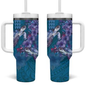 Hawaiian Turtle Love Sweet Hibiscus and Kakau Sapphire Color Custom Stanley Quencher 40oz Stainless Steel Tumbler With Handle - Threewoofs