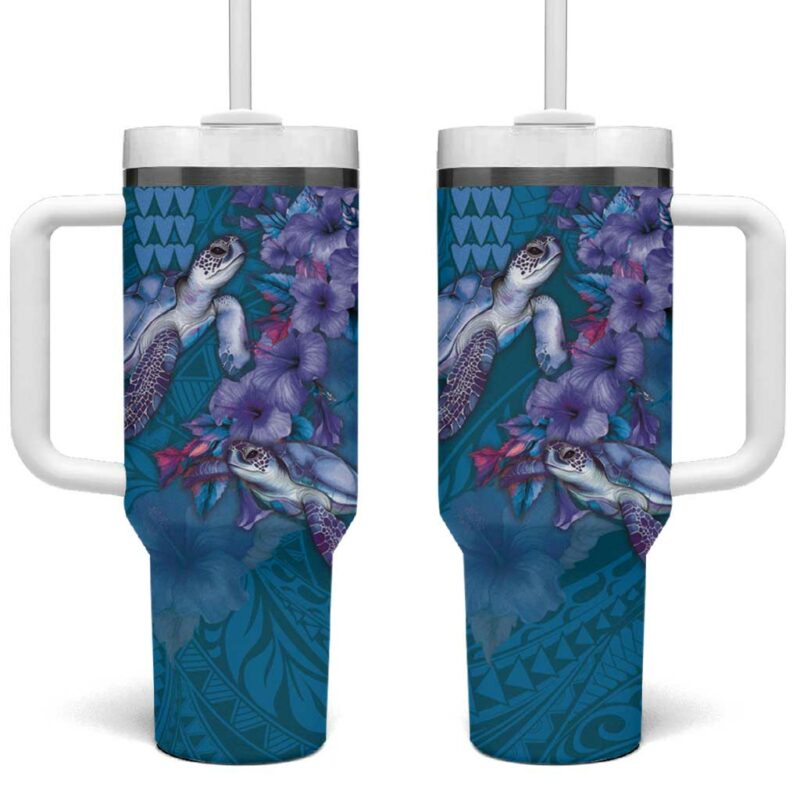 Hawaiian Turtle Love Sweet Hibiscus and Kakau Sapphire Color Custom Stanley Quencher 40oz Stainless Steel Tumbler With Handle - Threewoofs