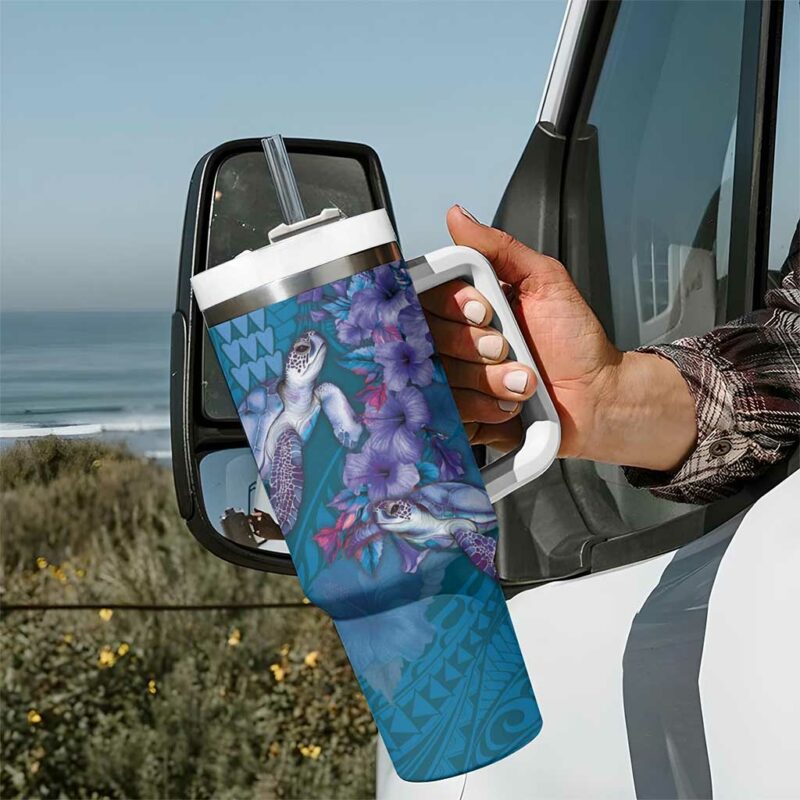 Hawaiian Turtle Love Sweet Hibiscus and Kakau Sapphire Color Custom Stanley Quencher 40oz Stainless Steel Tumbler With Handle - Threewoofs - Image 7