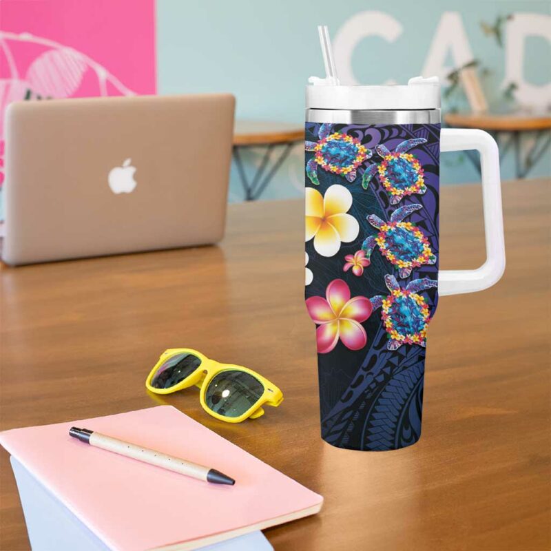Hawaiian Turtles and Plumeria Polynesian Art Tribal Tattoo Dark Aqua Color Custom Stanley Quencher 40oz Stainless Steel Tumbler With Handle - Threewoofs - Image 5