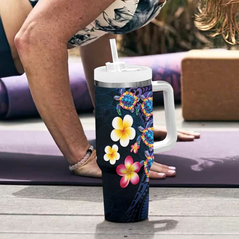 Hawaiian Turtles and Plumeria Polynesian Art Tribal Tattoo Dark Aqua Color Custom Stanley Quencher 40oz Stainless Steel Tumbler With Handle - Threewoofs - Image 6