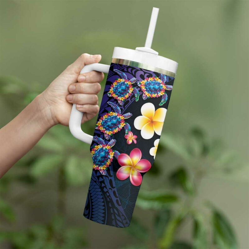Hawaiian Turtles and Plumeria Polynesian Art Tribal Tattoo Dark Aqua Color Custom Stanley Quencher 40oz Stainless Steel Tumbler With Handle - Threewoofs - Image 3