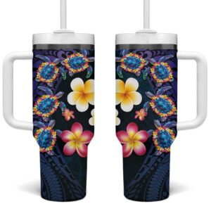 Hawaiian Turtles and Plumeria Polynesian Art Tribal Tattoo Dark Aqua Color Custom Stanley Quencher 40oz Stainless Steel Tumbler With Handle - Threewoofs