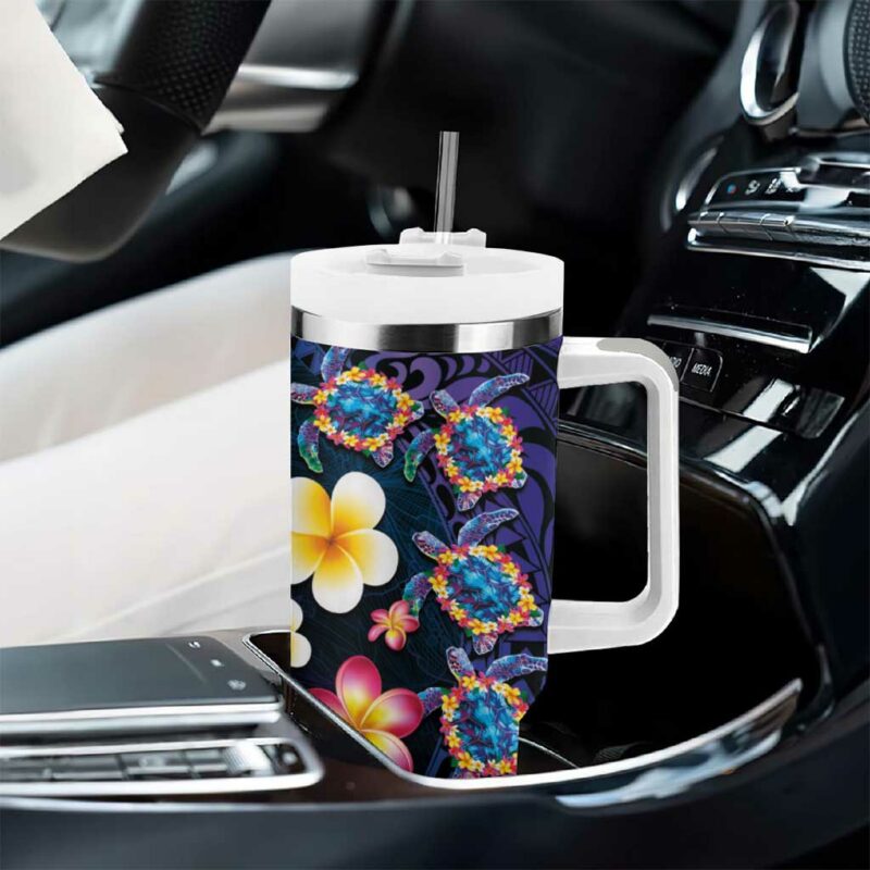 Hawaiian Turtles and Plumeria Polynesian Art Tribal Tattoo Dark Aqua Color Custom Stanley Quencher 40oz Stainless Steel Tumbler With Handle - Threewoofs - Image 8