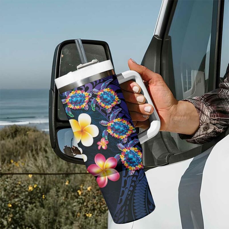 Hawaiian Turtles and Plumeria Polynesian Art Tribal Tattoo Dark Aqua Color Custom Stanley Quencher 40oz Stainless Steel Tumbler With Handle - Threewoofs - Image 7