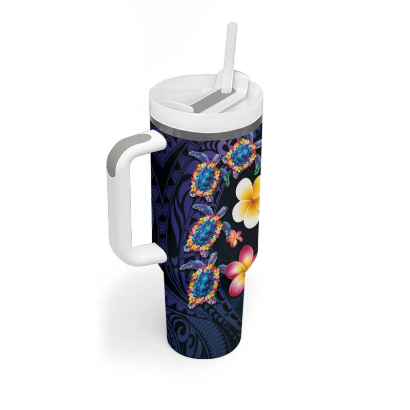 Hawaiian Turtles and Plumeria Polynesian Art Tribal Tattoo Dark Aqua Color Custom Stanley Quencher 40oz Stainless Steel Tumbler With Handle - Threewoofs - Image 2