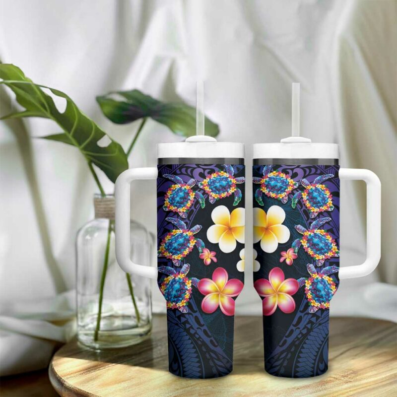 Hawaiian Turtles and Plumeria Polynesian Art Tribal Tattoo Dark Aqua Color Custom Stanley Quencher 40oz Stainless Steel Tumbler With Handle - Threewoofs - Image 9