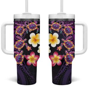 Hawaiian Turtles and Plumeria Polynesian Art Tribal Tattoo Deep Violet Color Custom Stanley Quencher 40oz Stainless Steel Tumbler With Handle - Threewoofs