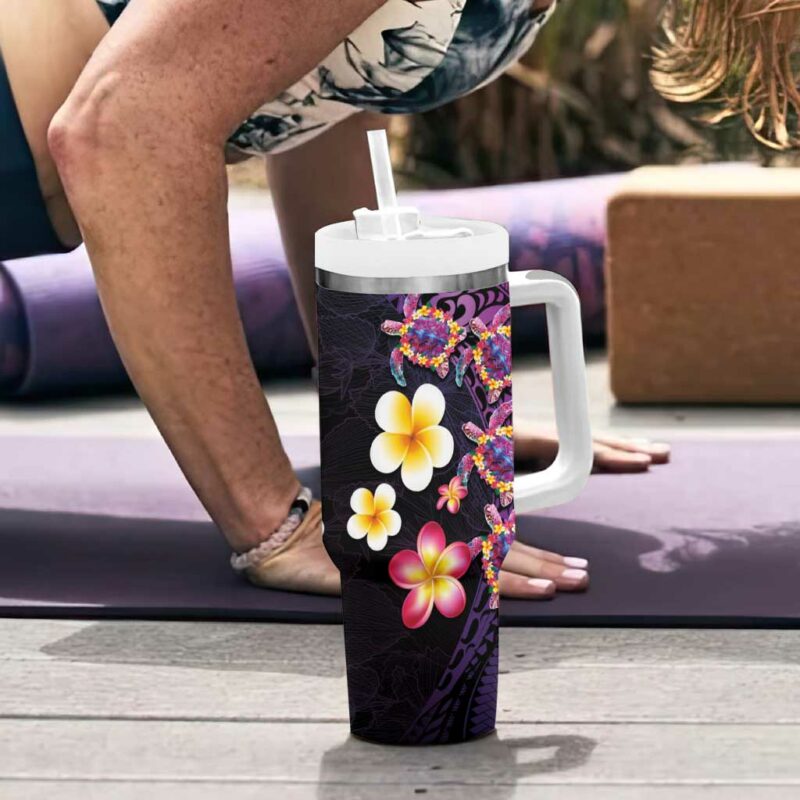 Hawaiian Turtles and Plumeria Polynesian Art Tribal Tattoo Deep Violet Color Custom Stanley Quencher 40oz Stainless Steel Tumbler With Handle - Threewoofs - Image 6