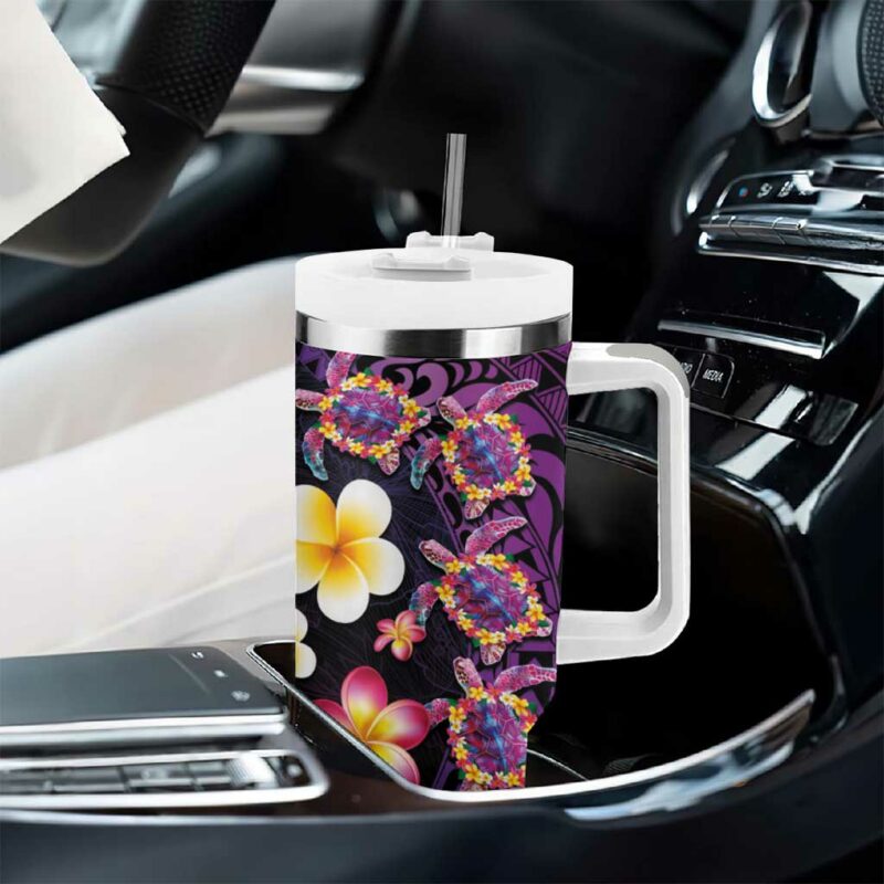 Hawaiian Turtles and Plumeria Polynesian Art Tribal Tattoo Deep Violet Color Custom Stanley Quencher 40oz Stainless Steel Tumbler With Handle - Threewoofs - Image 8