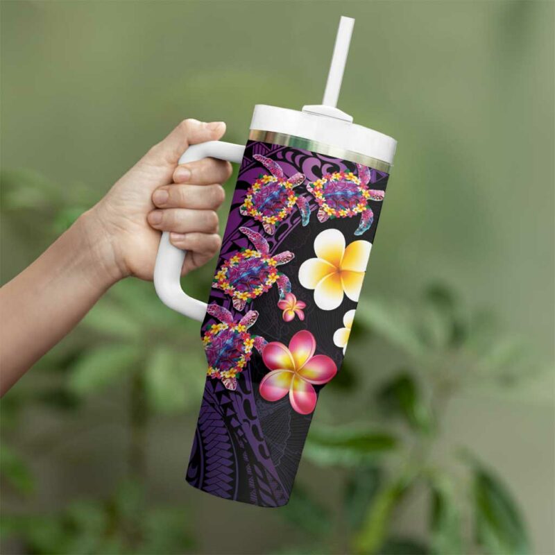 Hawaiian Turtles and Plumeria Polynesian Art Tribal Tattoo Deep Violet Color Custom Stanley Quencher 40oz Stainless Steel Tumbler With Handle - Threewoofs - Image 3