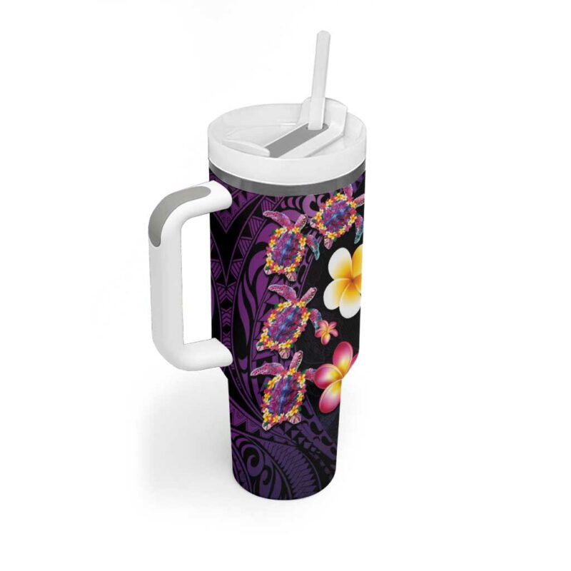 Hawaiian Turtles and Plumeria Polynesian Art Tribal Tattoo Deep Violet Color Custom Stanley Quencher 40oz Stainless Steel Tumbler With Handle - Threewoofs - Image 2