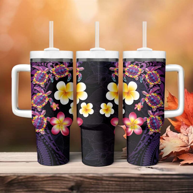Hawaiian Turtles and Plumeria Polynesian Art Tribal Tattoo Deep Violet Color Custom Stanley Quencher 40oz Stainless Steel Tumbler With Handle - Threewoofs - Image 4