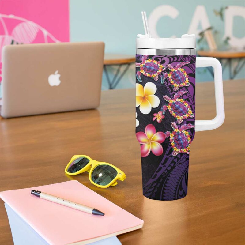 Hawaiian Turtles and Plumeria Polynesian Art Tribal Tattoo Deep Violet Color Custom Stanley Quencher 40oz Stainless Steel Tumbler With Handle - Threewoofs - Image 5