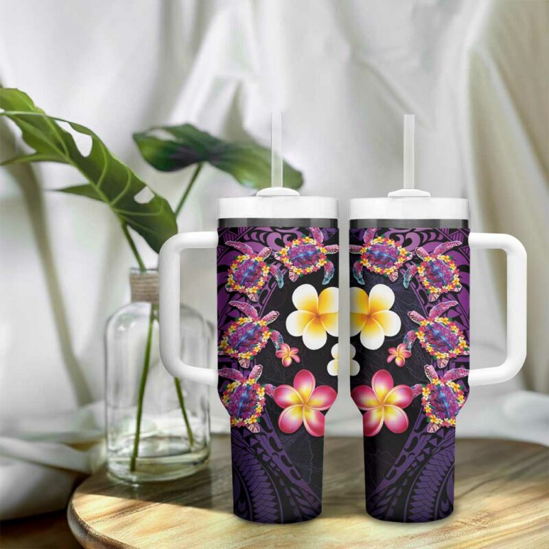 Hawaiian Turtles and Plumeria Polynesian Art Tribal Tattoo Deep Violet Color Custom Stanley Quencher 40oz Stainless Steel Tumbler With Handle - Threewoofs - Image 9