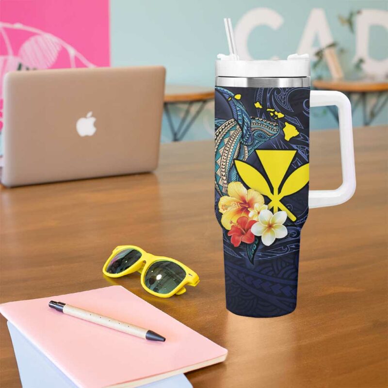 Hawaiian Whale and Kanaka Maoli Symbol Hibiscus Custom Stanley Quencher 40oz Stainless Steel Tumbler With Handle - Threewoofs - Image 5
