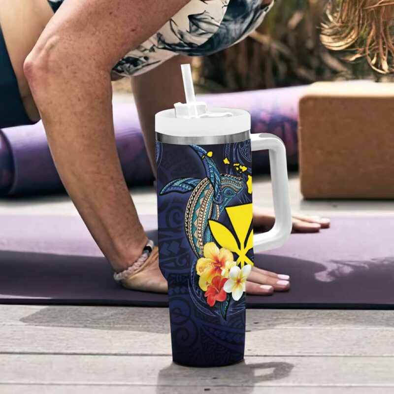 Hawaiian Whale and Kanaka Maoli Symbol Hibiscus Custom Stanley Quencher 40oz Stainless Steel Tumbler With Handle - Threewoofs - Image 6