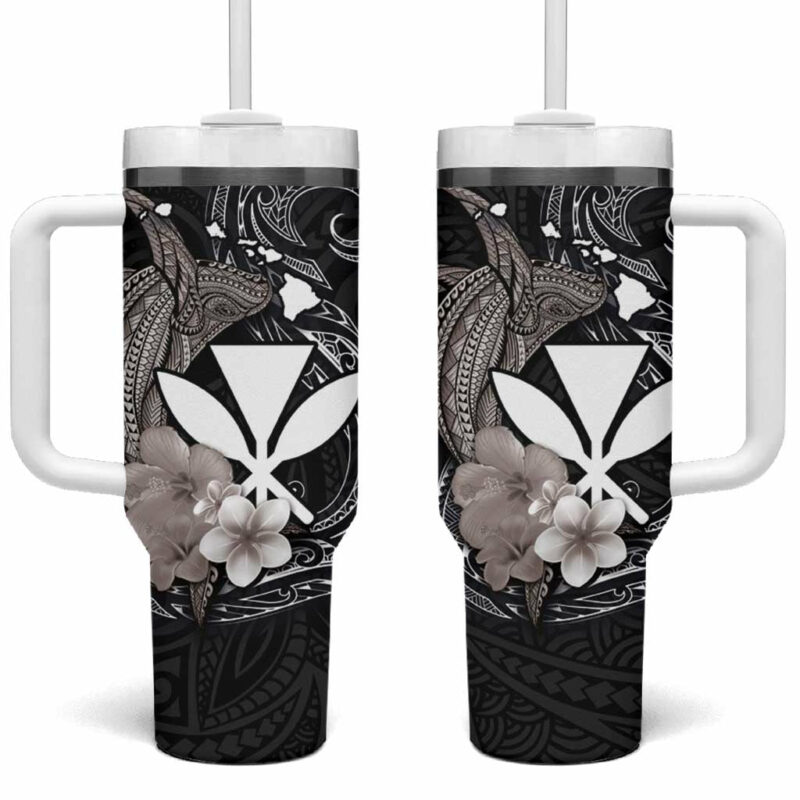 Hawaiian Whale and Kanaka Maoli Symbol Hibiscus Custom Stanley Quencher 40oz Stainless Steel Tumbler With Handle - Threewoofs