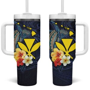 Hawaiian Whale and Kanaka Maoli Symbol Hibiscus Custom Stanley Quencher 40oz Stainless Steel Tumbler With Handle - Threewoofs
