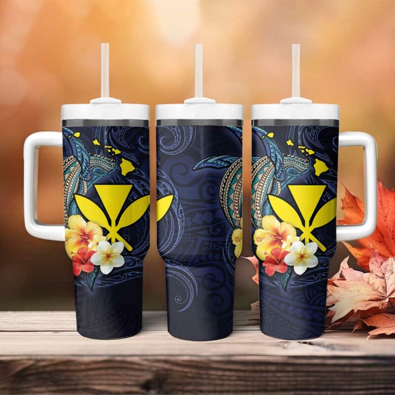 Hawaiian Whale and Kanaka Maoli Symbol Hibiscus Custom Stanley Quencher 40oz Stainless Steel Tumbler With Handle - Threewoofs - Image 4