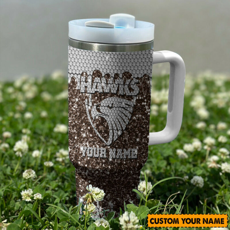 Hawthorn Hawks AFL Sports Glitter Custom Stanley Quencher 40oz Stainless Steel Tumbler With Handle - Threewoofs - Image 2