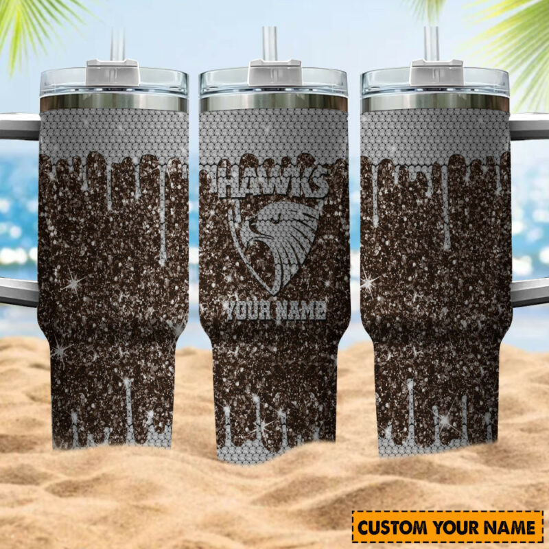 Hawthorn Hawks AFL Sports Glitter Custom Stanley Quencher 40oz Stainless Steel Tumbler With Handle - Threewoofs - Image 4