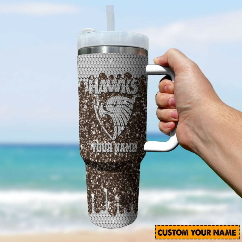 Hawthorn Hawks AFL Sports Glitter Custom Stanley Quencher 40oz Stainless Steel Tumbler With Handle - Threewoofs - Image 3