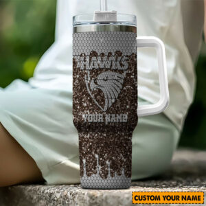 Hawthorn Hawks AFL Sports Glitter Custom Stanley Quencher 40oz Stainless Steel Tumbler With Handle - Threewoofs