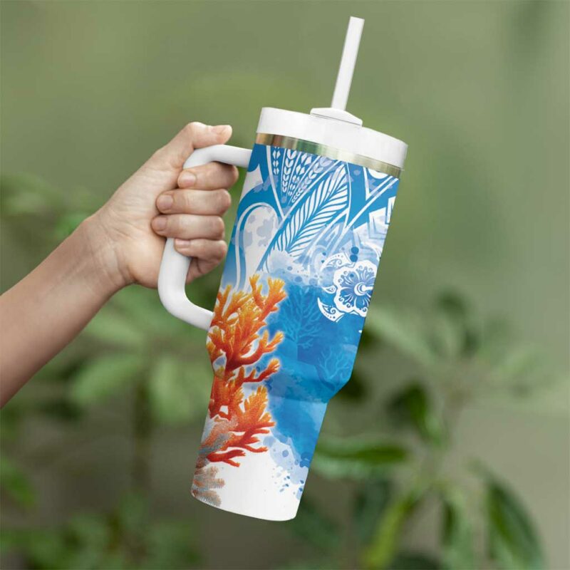 Hibiscus Turtle Tattoo Coral Reef with Polynesian Tribal Custom Stanley Quencher 40oz Stainless Steel Tumbler With Handle - Threewoofs - Image 3