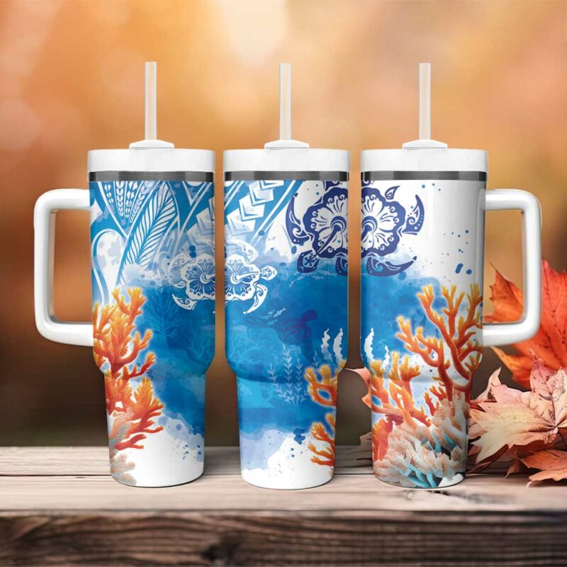 Hibiscus Turtle Tattoo Coral Reef with Polynesian Tribal Custom Stanley Quencher 40oz Stainless Steel Tumbler With Handle - Threewoofs - Image 4