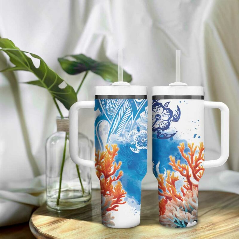 Hibiscus Turtle Tattoo Coral Reef with Polynesian Tribal Custom Stanley Quencher 40oz Stainless Steel Tumbler With Handle - Threewoofs - Image 9