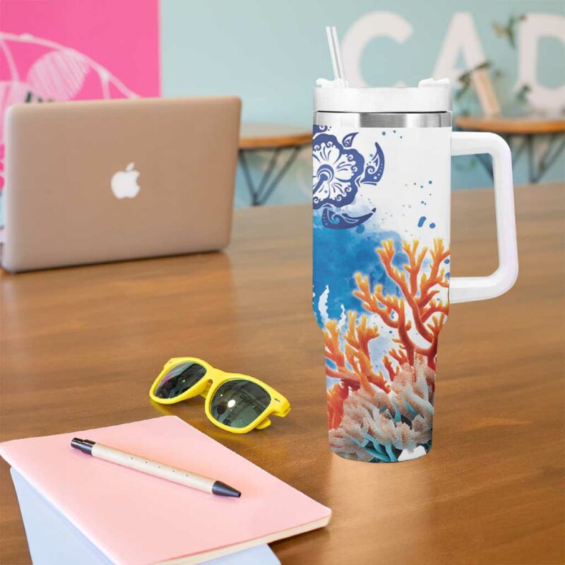 Hibiscus Turtle Tattoo Coral Reef with Polynesian Tribal Custom Stanley Quencher 40oz Stainless Steel Tumbler With Handle - Threewoofs - Image 5