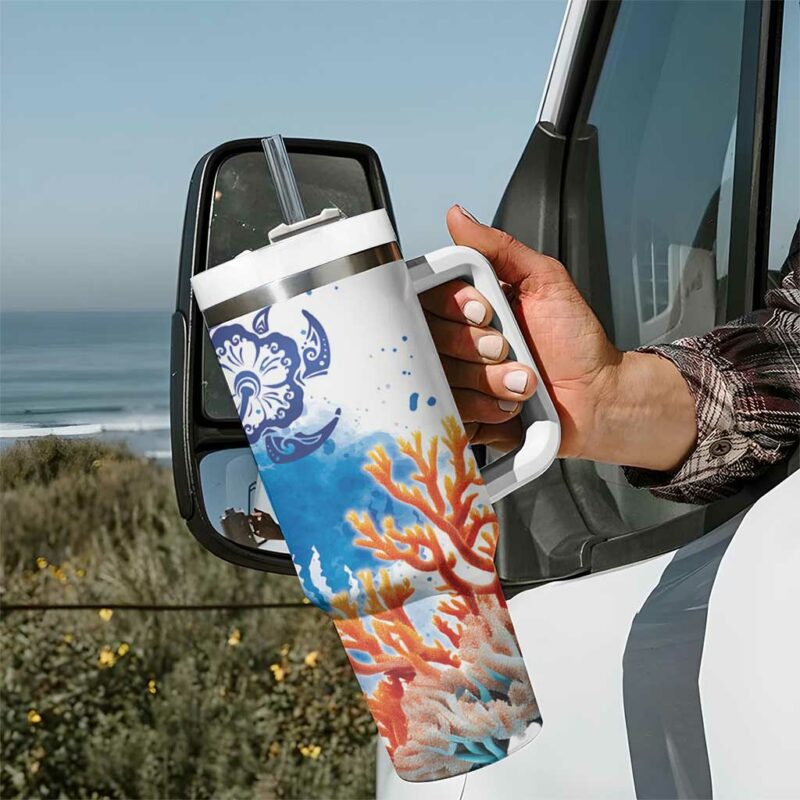 Hibiscus Turtle Tattoo Coral Reef with Polynesian Tribal Custom Stanley Quencher 40oz Stainless Steel Tumbler With Handle - Threewoofs - Image 7