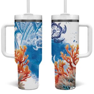Hibiscus Turtle Tattoo Coral Reef with Polynesian Tribal Custom Stanley Quencher 40oz Stainless Steel Tumbler With Handle - Threewoofs