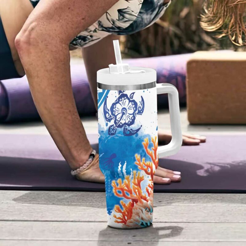 Hibiscus Turtle Tattoo Coral Reef with Polynesian Tribal Custom Stanley Quencher 40oz Stainless Steel Tumbler With Handle - Threewoofs - Image 6